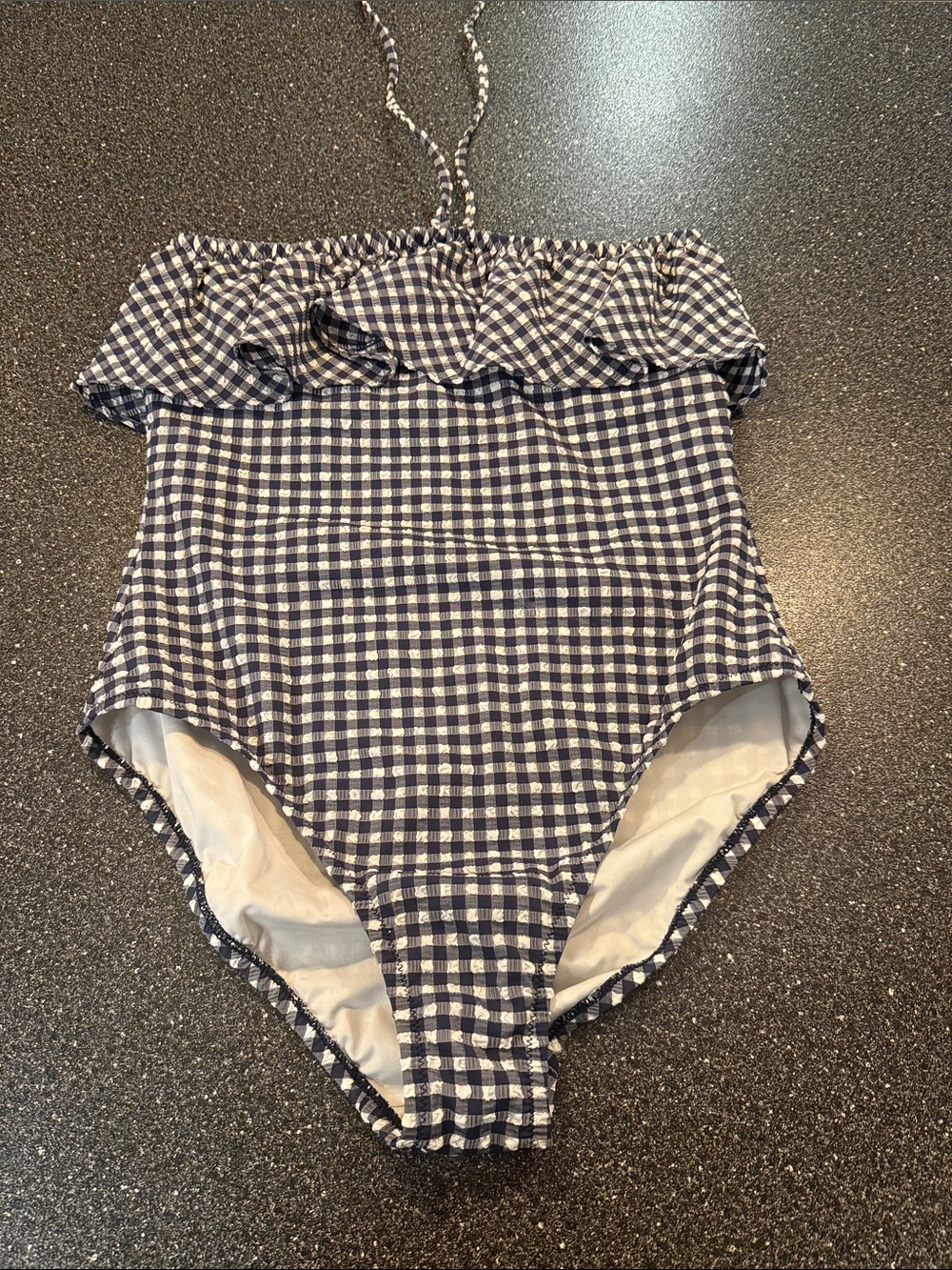 J. Crew Navy and White Gingham Ruffle One-Piece Swimsuit - size 10 preppy beach
